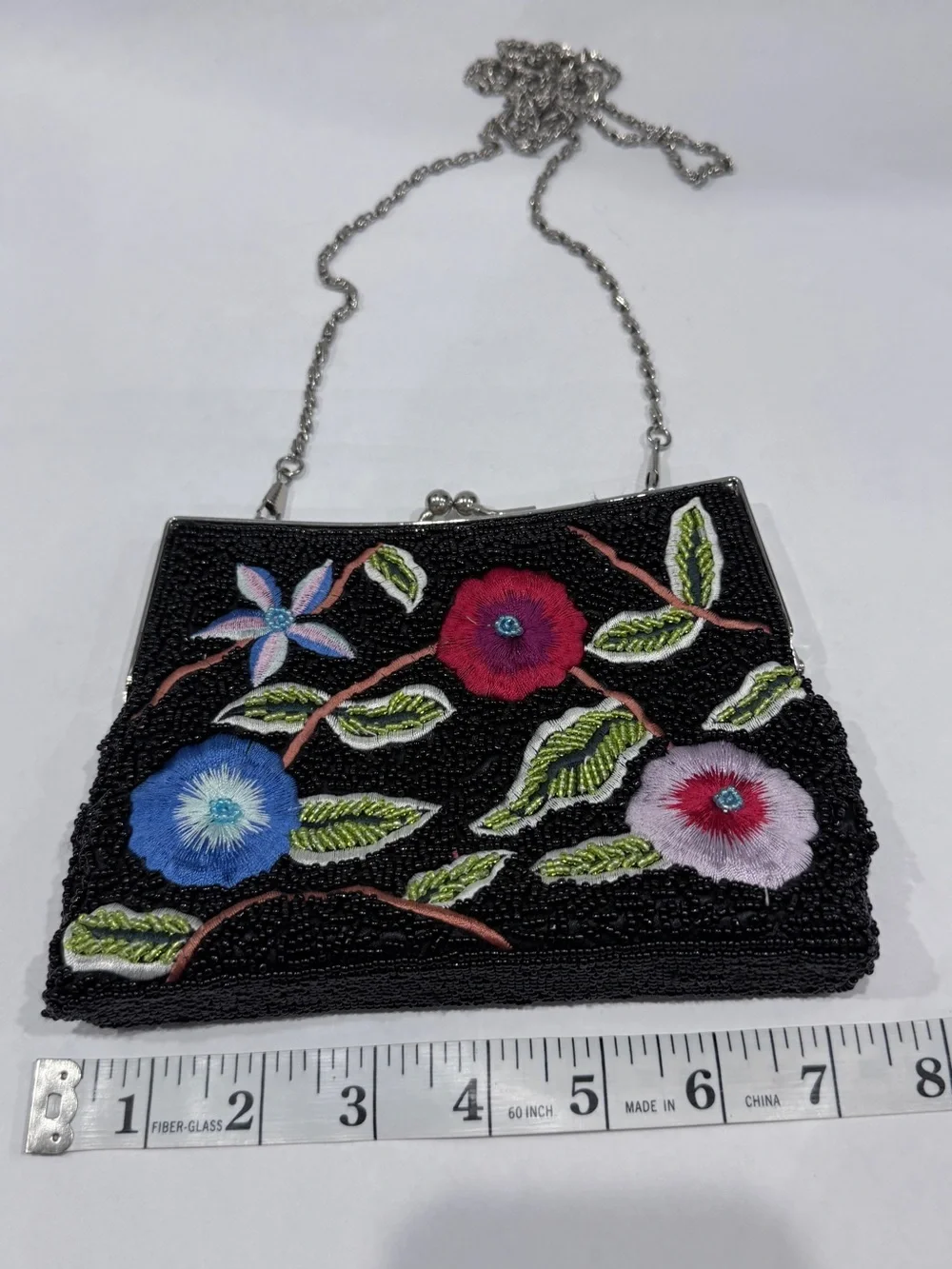 Embroidered Floral Beaded Black Evening Clutch with Chain